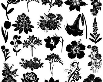 Floral Silhouette SVG Bundle, Wildflower Daisy Bouquet Clipart (Digital Download)