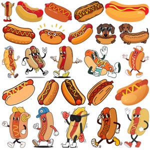 May include: A collection of twenty-four cartoon-style hot dog illustrations featuring various anthropomorphic characters with limbs, hats, and sunglasses, alongside several static hot dogs topped with yellow mustard on white backgrounds.