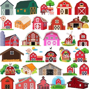 May include: A collection of colorful barn illustrations in various styles. The barns feature different colors, including red, green, and pink, with details like doors, windows, and some with farm animals and windmills.