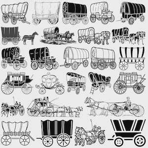 May include: A collection of black and white illustrations of various horse-drawn carriages and wagons. The images include covered wagons, stagecoaches, and other historical vehicles, showcasing different designs and styles.