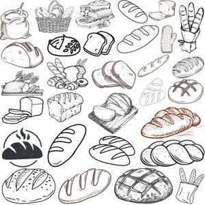 Op de afbeelding: Een zwart-wit illustratie met verschillende soorten brood. De afbeelding toont verschillende soorten broden, broden, plakken en bakkerijproducten, zoals stokbroden, zuurdesem en gesneden brood. Een broodmand en een zak bloem zijn ook inbegrepen.