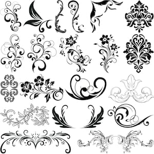 Puede incluir: Una colección de elementos de diseño floral y ornamental en negro. La imagen presenta varios remolinos, florituras y motivos florales, incluyendo flores y hojas. Estos elementos decorativos son adecuados para proyectos de diseño.