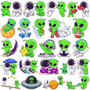 Puede incluir: Una colección de extraterrestres verdes de dibujos animados en varias poses y entornos. Algunos extraterrestres están en trajes de astronauta, mientras que otros andan en patineta, sostienen pizza o usan equipos de DJ. La imagen tiene un tema lúdico y caprichoso.