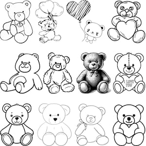 May include: A selection of black and white teddy bear illustrations. Some bears hold hearts or balloons, while others are sitting or standing. The designs vary in detail, with some appearing hand-drawn and others more polished. The overall theme is cute and playful.