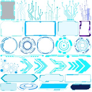 Puede incluir: Una colección de elementos de diseño digital en tonos azules y blancos. La imagen presenta varias formas, incluyendo patrones de circuitos, marcos, círculos, flechas y paneles rectangulares, todos con una estética futurista.