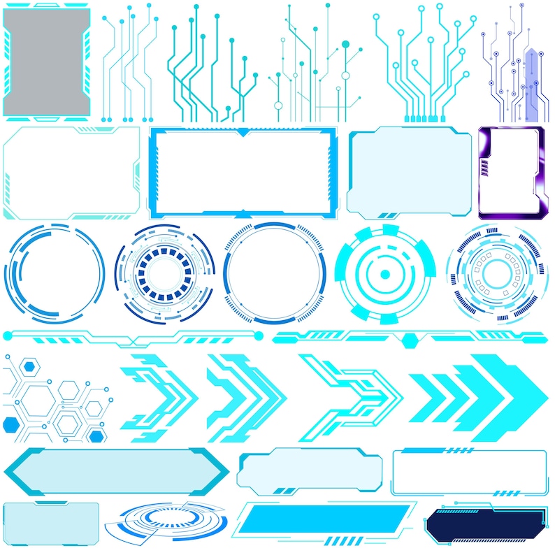 Pu&ograve; includere: Una collezione di elementi di design digitale in tonalit&agrave; di blu e bianco. L'immagine presenta varie forme, tra cui schemi di circuiti, cornici, cerchi, frecce e pannelli rettangolari, tutti con un'estetica futuristica.