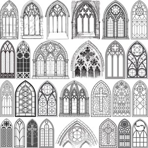 May include: A series of black and white illustrations depicting Gothic arched windows. The designs include detailed tracery, crosses, and geometric patterns, representing diverse architectural styles and features.