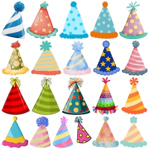 May include: A collection of colorful party hats in various designs. The hats feature stripes, polka dots, stars, and other decorative elements. Each hat has a unique shape and color scheme, perfect for celebrations.