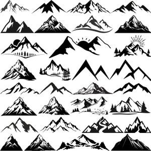 May include: A selection of black and white mountain illustrations. The designs vary, including detailed shading, simple silhouettes, and images with trees and sunrises. These images are suitable for outdoor-themed designs.