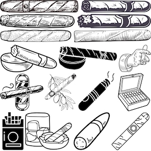 May include: Monochrome illustration featuring a selection of cigars in different styles, some with ash, and a box of cigars. Also includes a hand holding a cigar, a cutter, and a glass of whiskey.