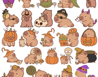 May include: A collection of cartoon capybaras in various Halloween costumes and settings. The illustrations feature capybaras dressed as pirates, witches, and devils, with pumpkins, candles, and other spooky elements. The color palette includes shades of brown, orange, and green.