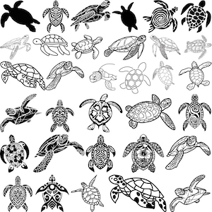 May include: A collection of black and white turtle illustrations in various styles. The designs range from simple outlines to detailed patterns, showcasing the diversity of turtle imagery. Ideal for art projects or educational materials.