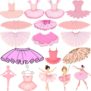 May include: A collection of pink ballet tutus and dresses in various styles. The image includes a variety of designs, from simple skirts to detailed dresses with embellishments. Several illustrations of ballerinas in pink tutus are also included.