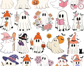 Pacote de SVG de Fantasma Fofo de Halloween, Fantasma Floral Retro PNG, Fantasma de Cachorro SVG, Fantasma Lendo SVG, Clipart de Halloween, Latte de Abóbora, Corte