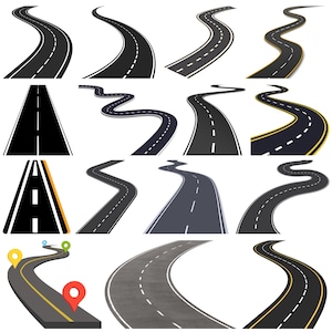 May include: A collection of stylized road illustrations. The roads vary in design, with some featuring double yellow lines, white dashed lines, and different perspectives. Some roads have GPS location markers.