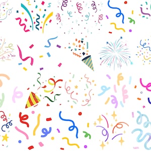 May include: A vibrant illustration of party confetti, streamers, and poppers. The design includes a variety of confetti shapes and sizes, such as stars and rectangles, in shades of red, blue, yellow, and green, ideal for party decorations and celebrations.