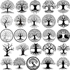 May include: A selection of black and white tree designs. The images feature trees with detailed branches, roots, and circular frames. Some trees have intricate leaf patterns, while others are more abstract and stylized.