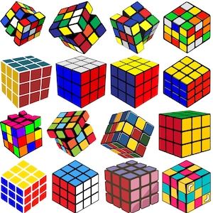 Op de afbeelding: Een verzameling van zestien kleurrijke Rubik's Cubes, elk met een raster van vierkanten in levendige kleuren zoals rood, blauw, groen, geel en oranje. De kubussen zijn in verschillende stadia van voltooiing, wat het klassieke puzzelontwerp laat zien.
