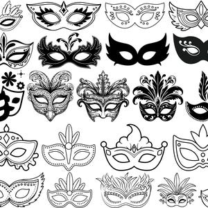 May include: A collection of various black and white masquerade masks. The masks feature diverse designs, including feathers, floral accents, and symmetrical patterns. Some masks are solid black, while others have intricate line details.