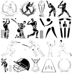 Puede incluir: Colección de ilustraciones en blanco y negro con temática de cricket. Las imágenes incluyen jugadores en acción, equipamiento de cricket como bates, pelotas y wickets, y elementos decorativos como coronas de laurel y un trofeo.
