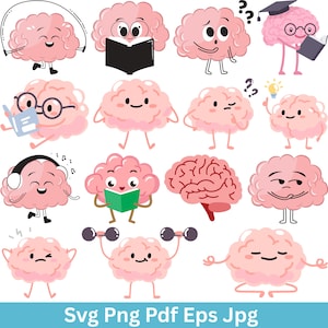 May include: A selection of cartoon brains in different poses and activities. Some brains are reading, wearing headphones, or lifting weights. The image has a light pink colour scheme and includes the text "Svg Png Pdf Eps Jpg" at the bottom.