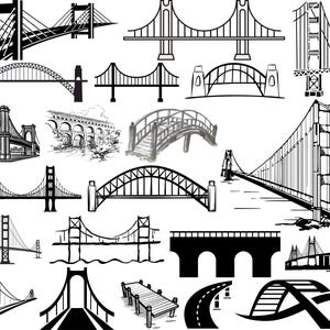 Puede incluir: Una colección de ilustraciones de puentes en blanco y negro. Las imágenes muestran diferentes diseños de puentes, incluyendo puentes colgantes, de arco y de vigas, con varios niveles de detalle y estilos artísticos. Los puentes se representan desde diferentes ángulos.