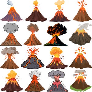 Può includere: Una collezione di sedici vulcani dei cartoni animati in varie fasi di eruzione. I vulcani sono raffigurati in tonalità di marrone, grigio, arancione e rosso, con effetti di fumo e lava. L'immagine è uno stile di illustrazione piatto.