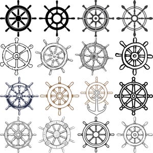May include: A collection of sixteen ship's wheel illustrations in various styles. The wheels are depicted in black and white, with some in a sketched or outlined style. Some wheels have a nautical anchor design.