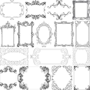 Może przedstawiać: Kolekcja ozdobnych, czarno-białych ramek do zdjęć o różnych kształtach. Ramki zdobią misterne ornamenty, motywy kwiatowe i dekoracyjne zdobienia, odpowiednie do wystroju w stylu vintage lub antycznym.