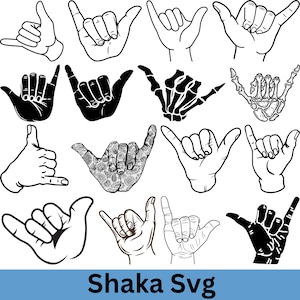 Puede incluir: Una colección de diseños del gesto de la mano Shaka en varios estilos. Las imágenes incluyen versiones en negro sólido, contorno y estampadas, así como una mano esquelética. El texto "Shaka Svg" se muestra en la parte inferior.