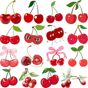 May include: A collection of various cherry illustrations. The cherries are depicted in different styles, some with leaves, stems, and bows. The color palette is primarily red and green, with some cherries featuring cartoon faces.