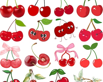 Cherry Svg, Cherry Clipart, Cherry Cut File, Fruit Svg, Cute Coquette Cherries with Bow SVG, Summer Fruits Vector, fruits Silhouette,