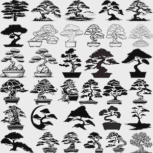 May include: A collection of black and white bonsai tree illustrations. The images depict various styles of miniature trees, some with pots, offering a range of shapes and designs.