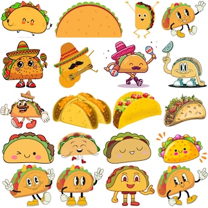 May include: A collection of cartoon tacos in various styles. Some tacos have smiling faces, sombreros, and maracas. Others are shown with arms and legs, and some are filled with ingredients. The tacos are in shades of yellow, orange, and green.