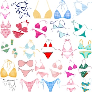 May include: A collection of various bikini tops and bottoms in a variety of colors and patterns. The designs include solid colors, polka dots, floral prints, and gingham patterns. Some bikinis have bows or tie details.