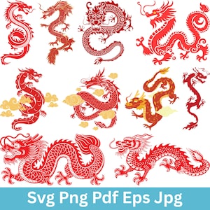 May include: A collection of red dragon illustrations in various poses. Some dragons are curled, others are in flight, and some are accompanied by clouds. The image includes the text "Svg Png Pdf Eps Jpg" at the bottom.