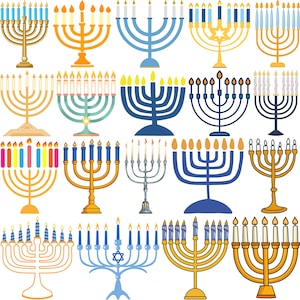 May include: A collection of colorful menorahs, each with lit candles. The menorahs vary in design, with gold, blue, and silver finishes. The candles are in various colors, including yellow, blue, and red. The image is a flat illustration.