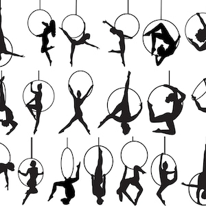 Può includere: Illustrazioni a silhouette nera di artisti di cerchio aereo in varie pose. Ogni figura è sospesa a un cerchio circolare, mostrando movimenti dinamici e forme aggraziate. L'immagine presenta più figure, creando un senso di movimento e arte.