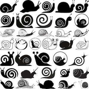 May include: A collection of various snail illustrations in black and white. The designs range from simple silhouettes to detailed drawings, showcasing different styles and poses of the snails.