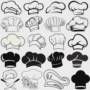 Puede incluir: Una colección de varios gorros de chef en blanco y negro. Los sombreros se representan en diferentes estilos, incluyendo diseños clásicos, modernos y de dibujos animados. Algunas imágenes incluyen cuchillos cruzados y detalles florales.