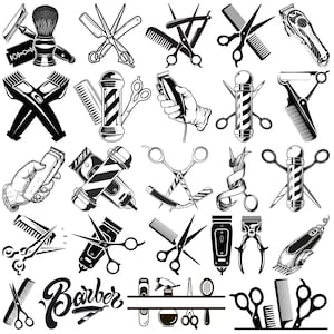 May include: A collection of black and white barber shop illustrations. The image includes various tools such as scissors, clippers, razors, combs, barber poles, and shaving brushes. The word "Barber" is written in a stylized font.