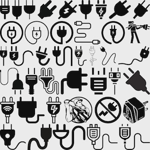 May include: A collection of black electrical plug icons in various styles, including two-prong, three-prong, and international adapters. Some icons feature lightning bolts, and a few show a person holding plugs. The background is a light gray.