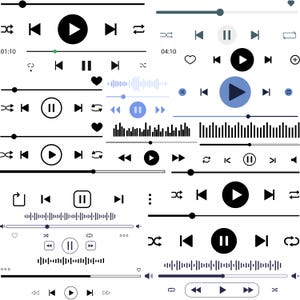 May include: A collection of music player interface elements in black and white, including play, pause, skip, and shuffle icons. The designs feature progress bars, time indicators, and waveform visualizations.