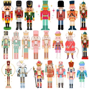 May include: A collection of colorful nutcrackers in various designs. The nutcrackers feature a range of colors, including red, green, blue, and pink, with detailed uniforms and accessories. Some hold staffs or wear crowns, while others have mustaches and hats.