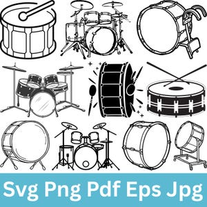 May include: Black and white line art illustrations of various drum sets and individual drums. The image includes a snare drum, bass drum, tom-toms, cymbals, and drumsticks. The text "Svg Png Pdf Eps Jpg" is at the bottom.