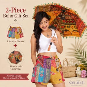 Kantha Shorts & Indian Decorative Umbrella Set, Handmade Patchwork Cotton Boho Festival Gift by SutraLus
