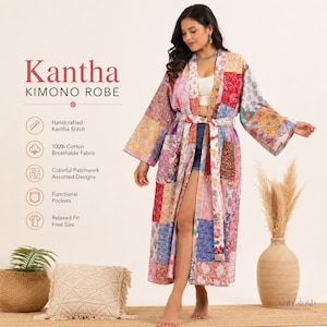 May include: A long-sleeved kimono robe featuring a colorful patchwork design with various floral and geometric patterns. The robe includes a matching tie belt, functional pockets, and is made of cotton fabric with visible Kantha stitching.