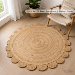 Handmade Round Scalloped Jute Rug – Natural Boho Area Rug for Living Room – by SutraLush