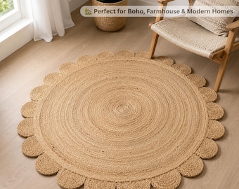 Tapis rond festonné en jute fait main – Tapis bohème naturel pour salon – par SutraLush