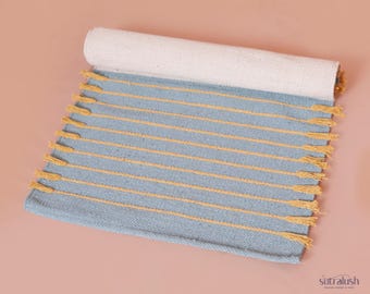 Handwoven Herbal Dyed Cotton Yoga Mat, Dusty Blue Mustard Tassels, Meditation Rug